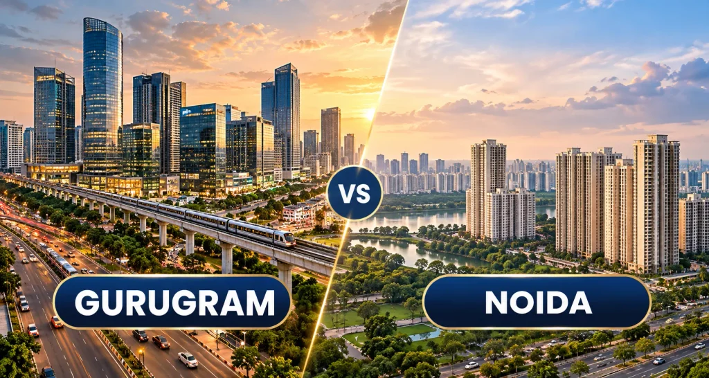 Gurugram vs Noida property investment comparison 2026 showing price trends and rental yields