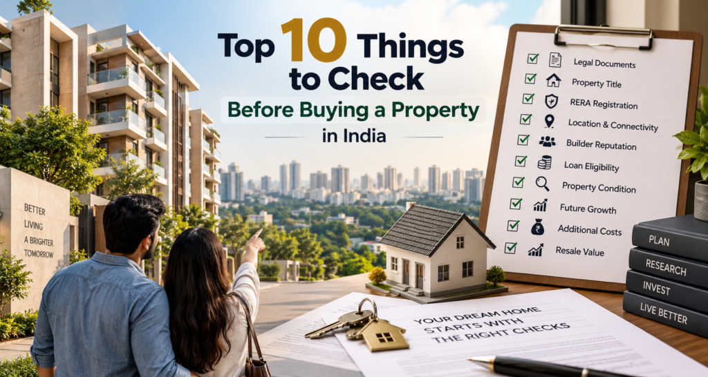 “Top 10 things to check before buying a property in India, including legal documents, RERA registration, location, builder reputation, costs and resale value.”